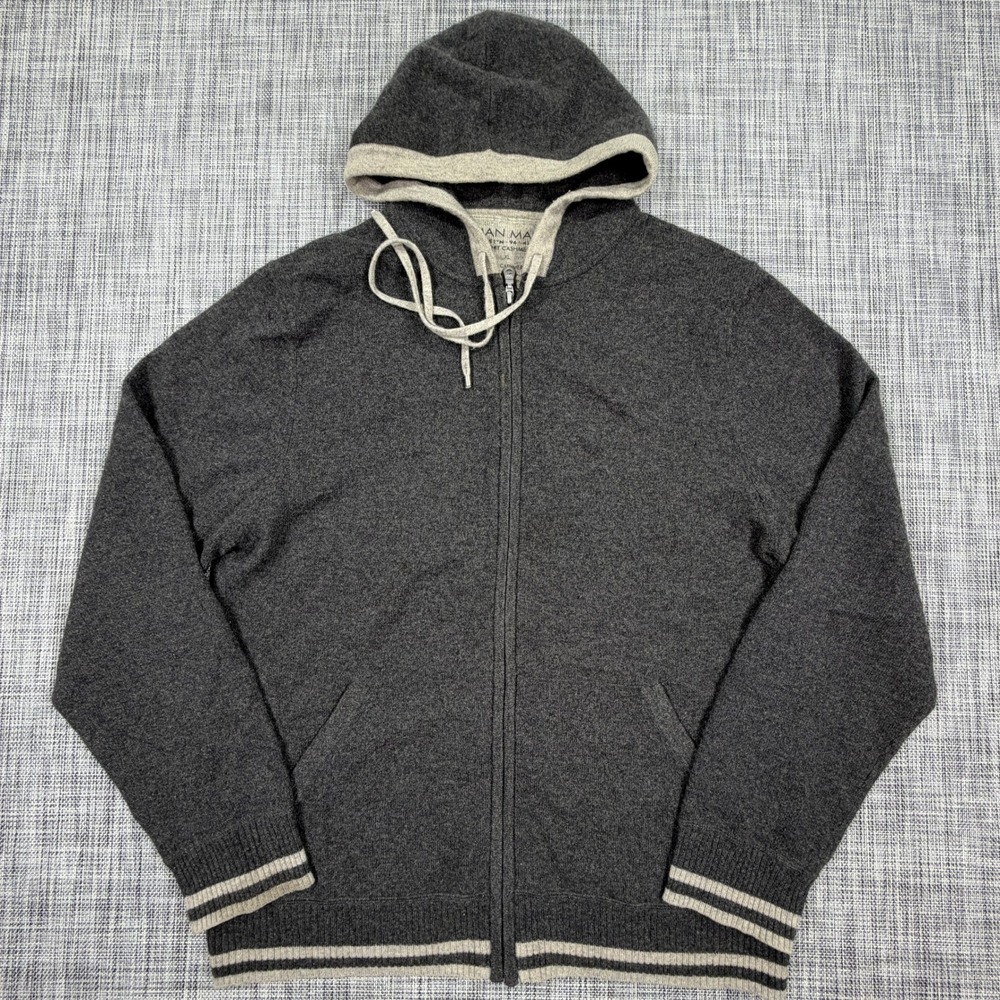 Neiman Marcus Mens XL Cashmere Full Zip Hoodie Sweater Charcoal Gray Stripe Trim